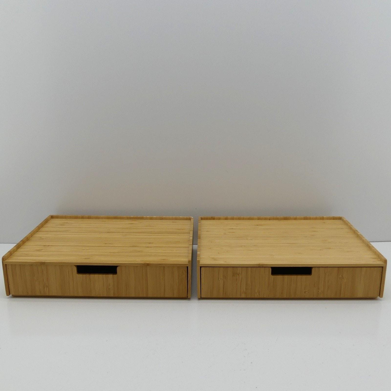 Set of 2 Bamboo Monitor Stands with Pull-Out Storage Drawers – Stackable Desktop Organizer